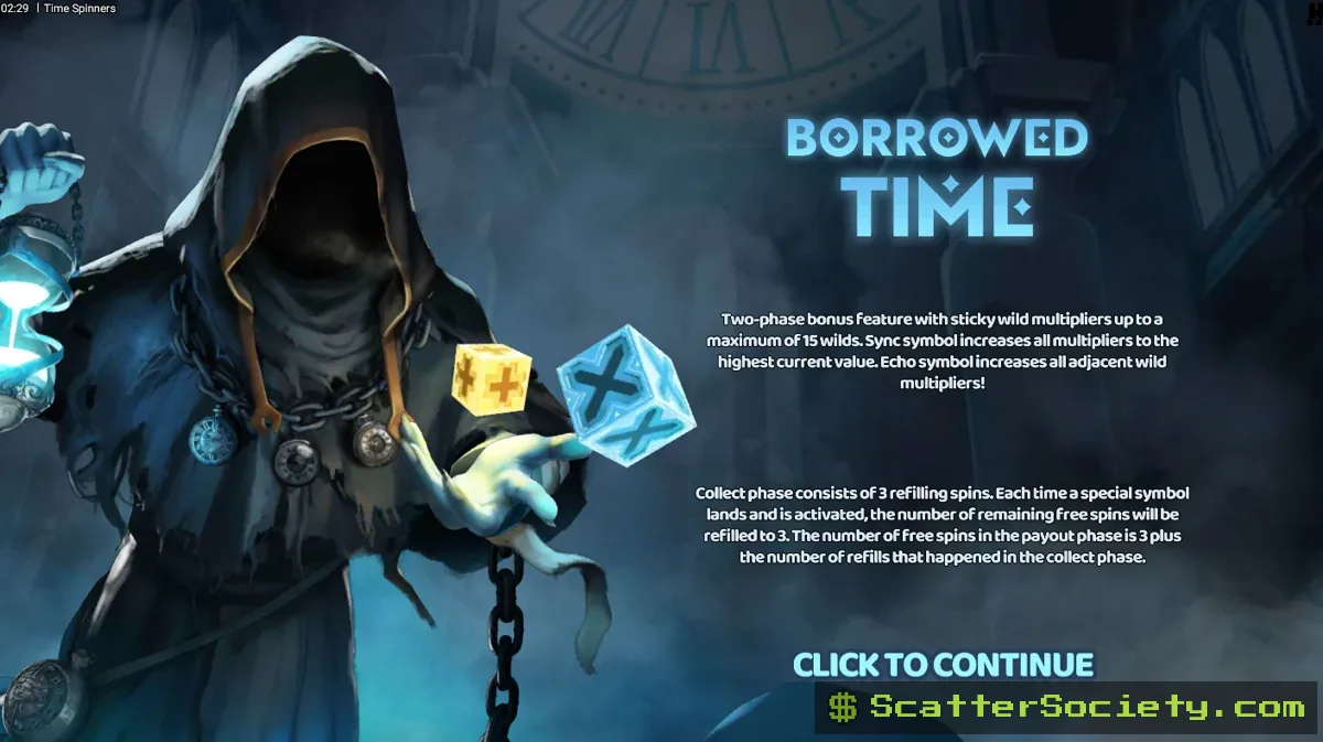 Time Spinners grid showing the third Ghost scatter symbol landing to trigger the Borrowed Time Bonus