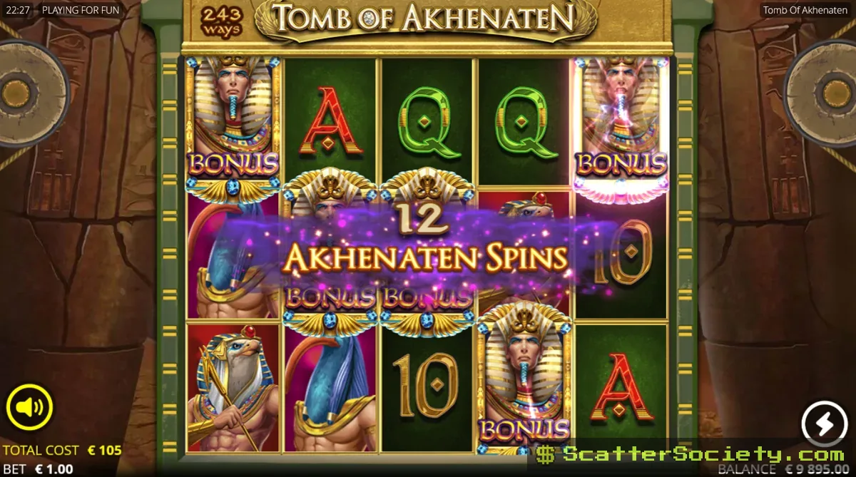 Tomb of Akhenaten base game grid showing a Sticky Win Respin triggering with an additional row unlocked above the reels