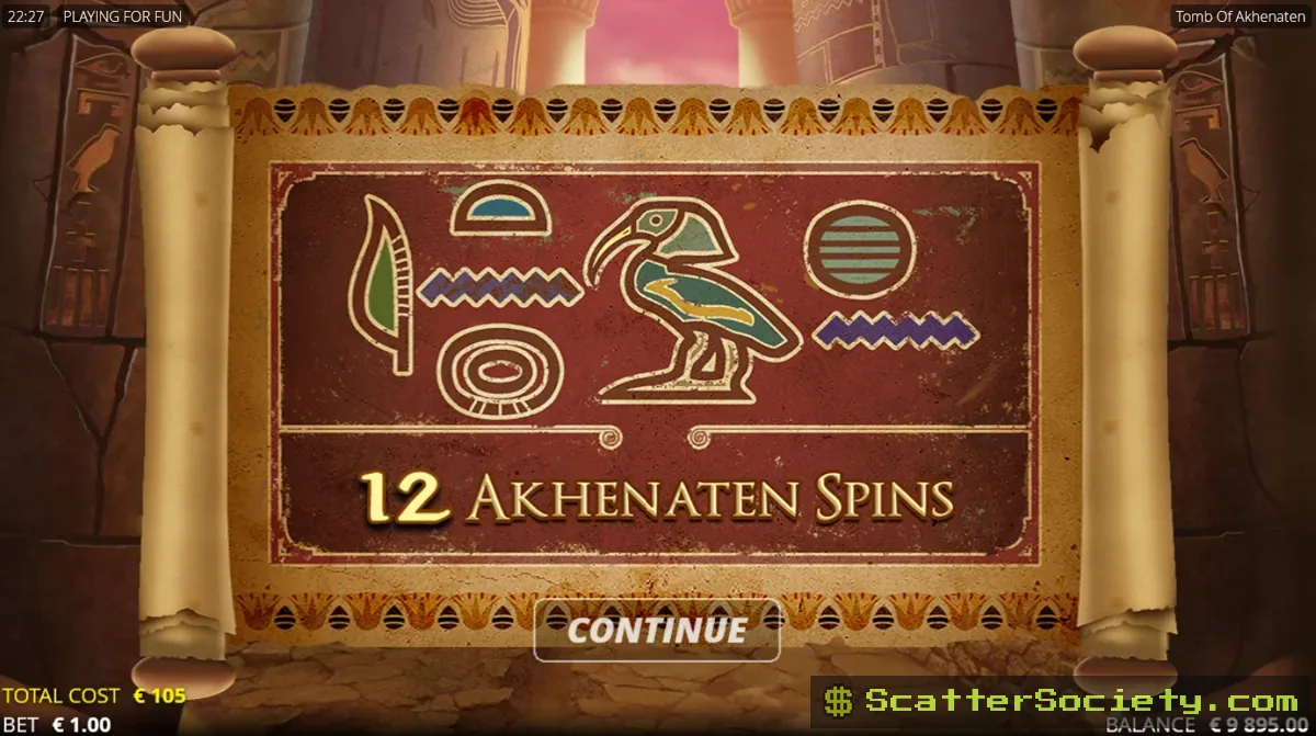 Tomb of Akhenaten grid showing multiple Pyramid Wild symbols added to the reels during an extended Sticky Win Respin sequence