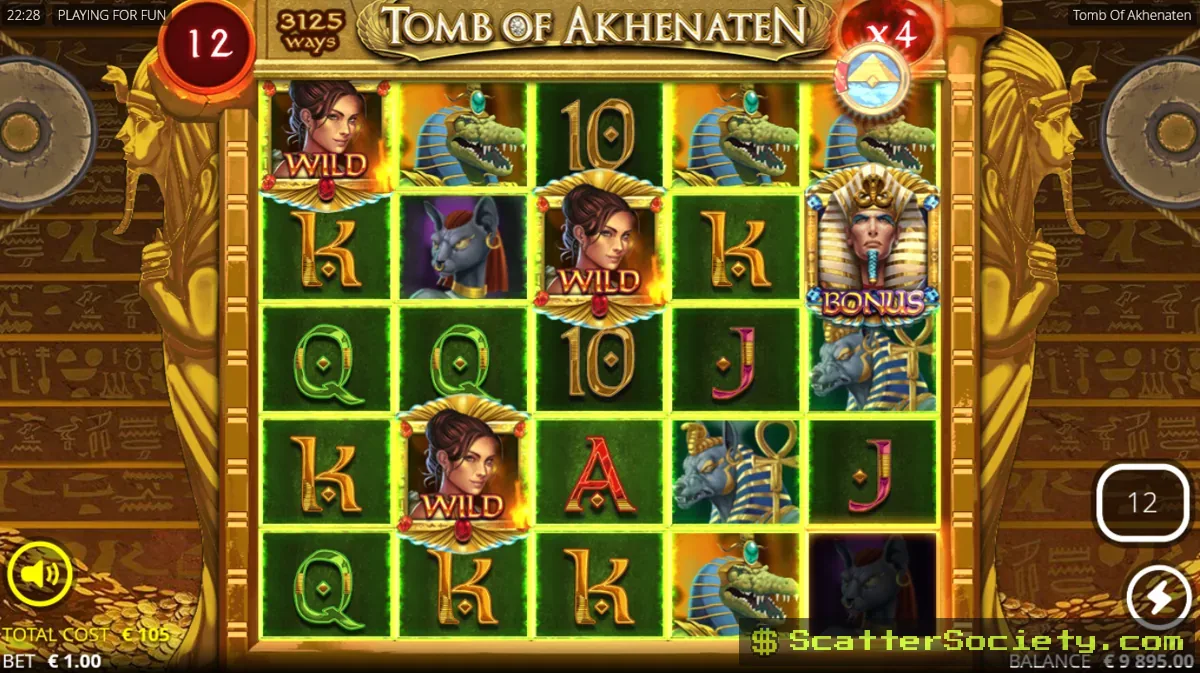 Tomb of Akhenaten Akhenaten Spins bonus screen showing a progressive multiplier climbing across multiple free spins