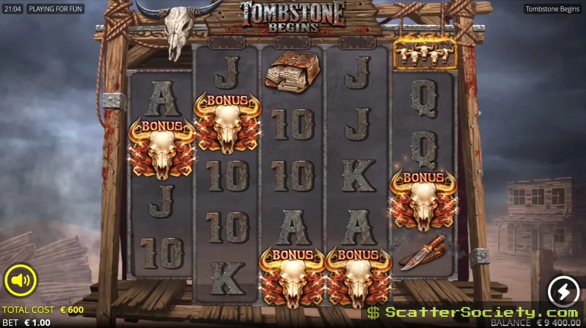 Tombstone Begins base game grid showing multiple Bonus scatter symbols with bull skull icons
