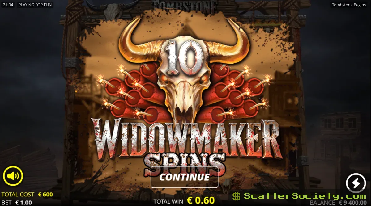 Tombstone Begins Widowmaker Spins bonus intro screen awarding 10 free spins