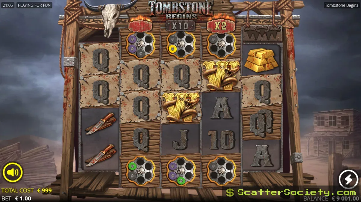 Tombstone Begins base game grid showing revolver symbols with x10 and x2 multiplier values above a Wild symbol