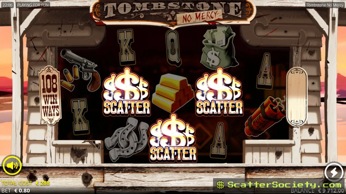 Tombstone No Mercy base game grid showing an Outlaw Wild symbol nudging across the middle three reels