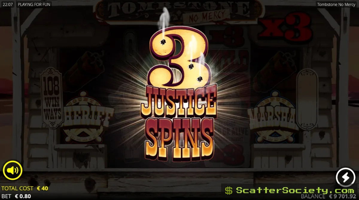 Tombstone No Mercy Bounty Spins bonus screen combining stacked wilds with a persistent multiplier from Gunslinger Spins