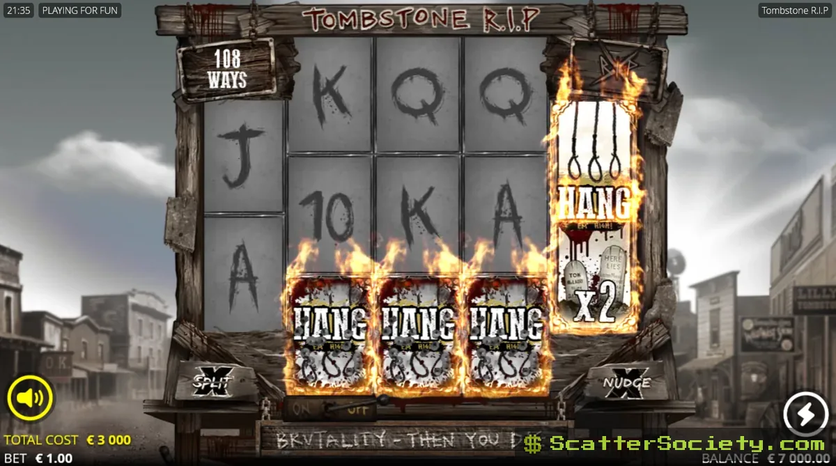 Tombstone R.I.P base game grid showing a stacked xNudge Wild hanged bandit symbol nudging down across the three central reels