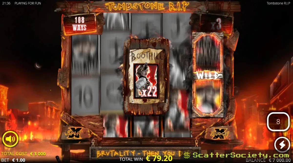 Tombstone R.I.P Boothill Free Spins bonus screen showing multiple xNudge Wilds and an xSplit Wild interacting simultaneously for a massive multiplier