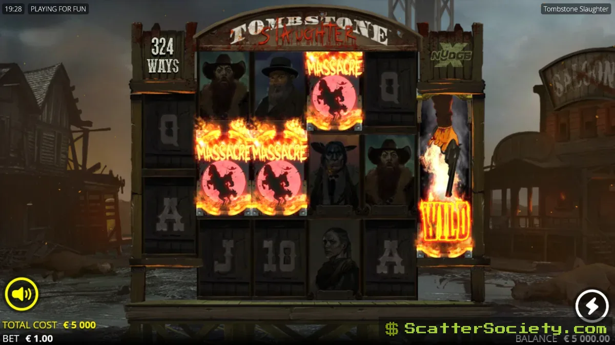 Tombstone Slaughter base game grid showing xNudge Wild symbols nudging into view across the middle reels