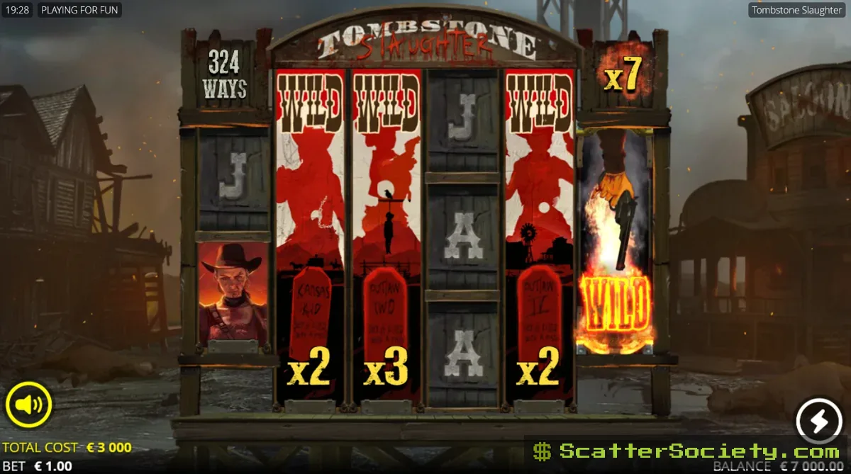 Tombstone Slaughter Massacre Spins bonus screen showing a sticky Revolver symbol on the final reel with an 11,111x multiplier win