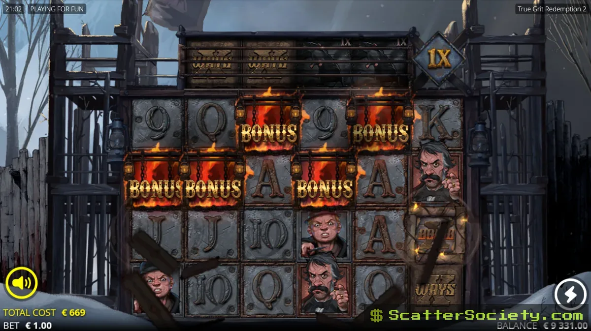 True Grit Redemption 2 grid showing four Bonus symbols and a 1x multiplier during an avalanche sequence