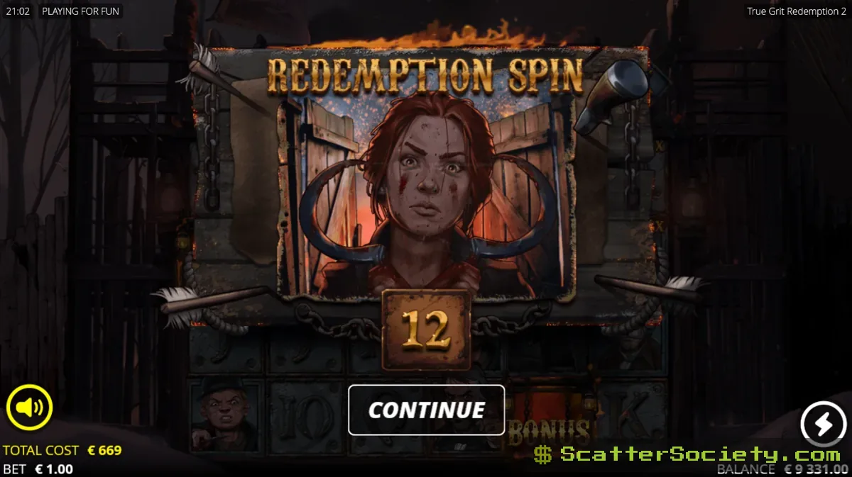 True Grit Redemption 2 Redemption Spin bonus intro screen awarding 12 free spins
