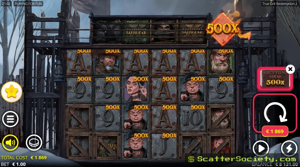 True Grit Redemption 2 free spins grid showing every symbol carrying a 500x multiplier value