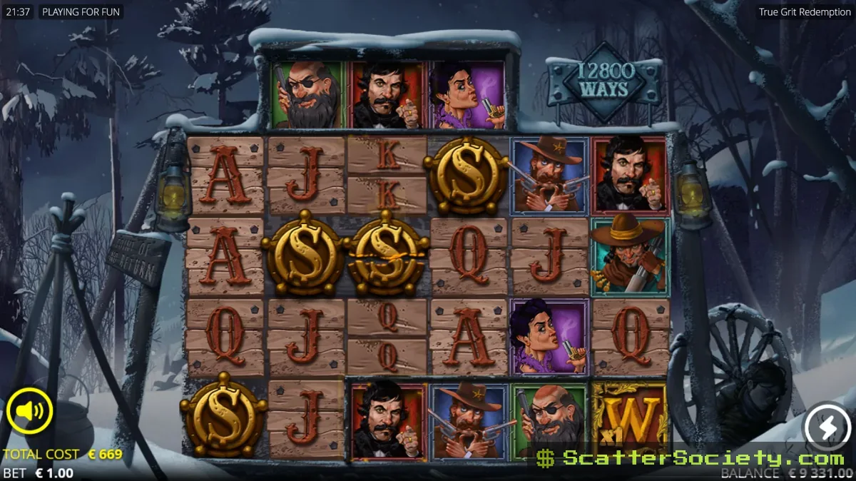 True Grit Redemption base game grid showing a symbol on the top row matching one directly beneath it, both transforming into wilds