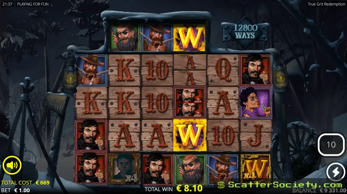 True Grit Redemption Dead Spins bonus screen showing multiple sticky wild multipliers stacking toward the full max win cap