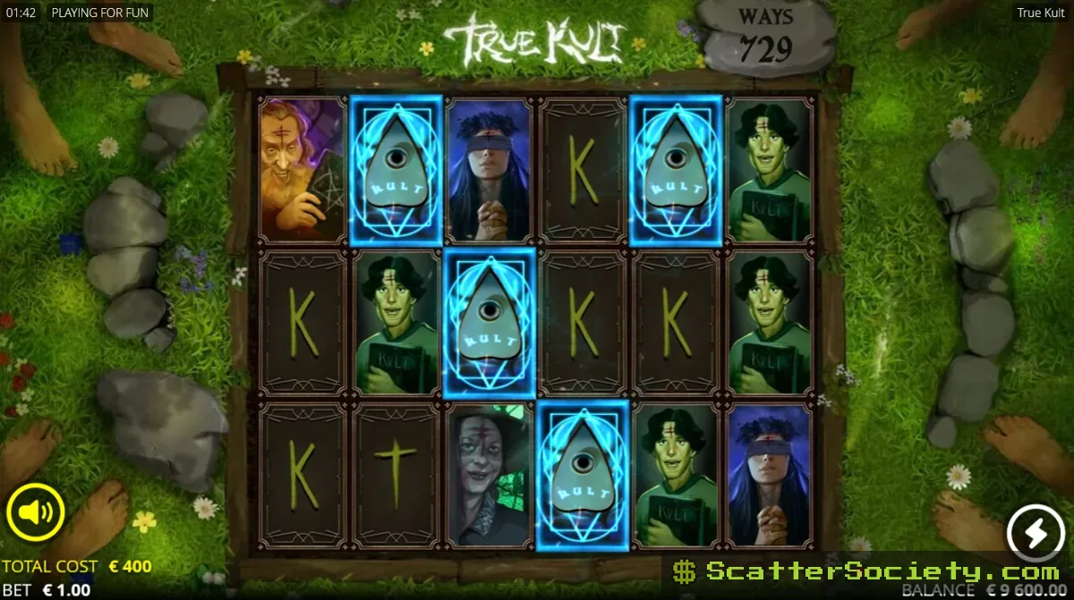 True Kult base game grid showing a stacked Baptism By Fire symbol revealing matching Devotee symbols