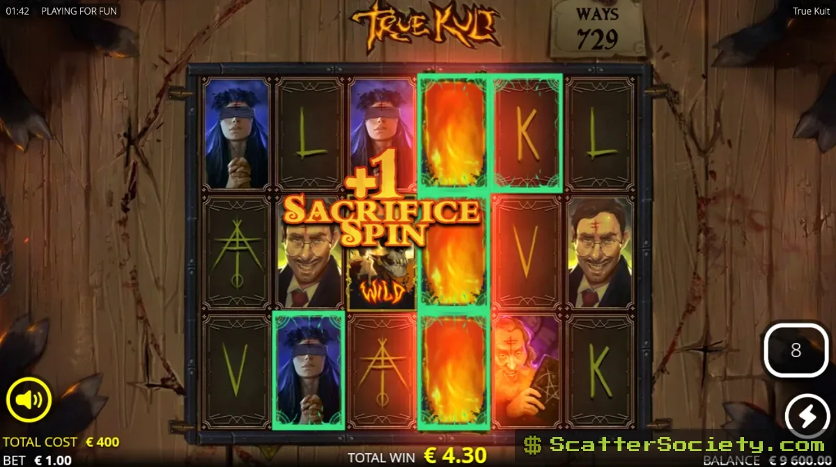 True Kult Sacrifice Spins bonus screen showing four active all-seeing eye frames with sticky Tarot Multipliers reaching high values