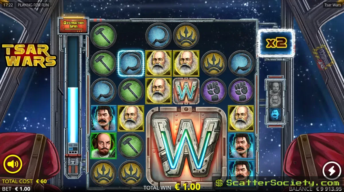 Tsar Wars Destruction Spin screen showing the Destruction Meter full and multiple modifiers activating simultaneously