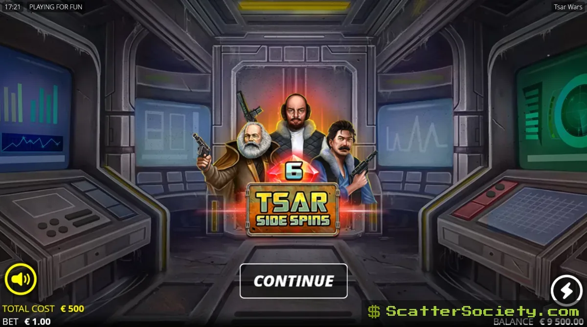 Tsar Wars Tsar Side Spins bonus screen showing a starting multiplier of x15 with all three character modifiers active