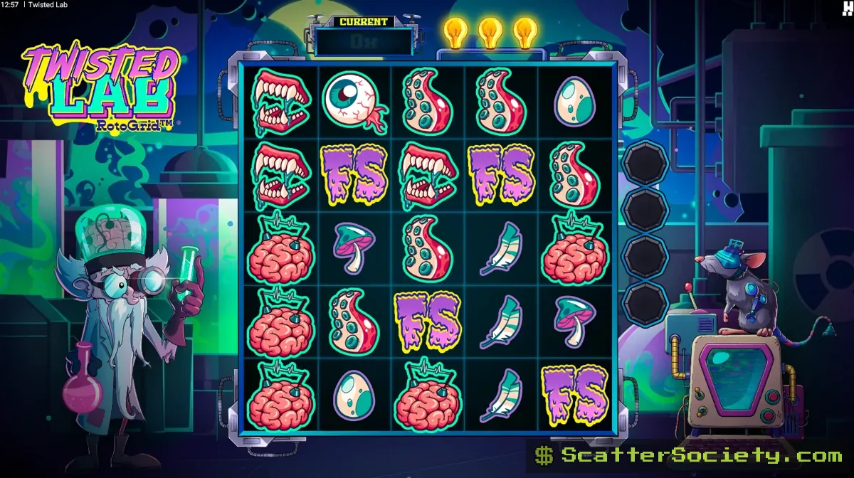 Twisted Lab base game grid showing the RotoGrid mechanic rotating symbols to create fresh winning positions