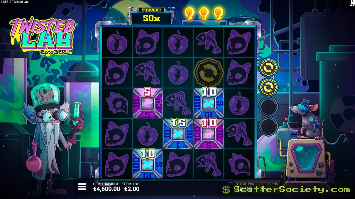 Twisted Lab grid showing Blue and Purple Oozing Beakers alongside a fully rotated RotoGrid position revealing a multiplier