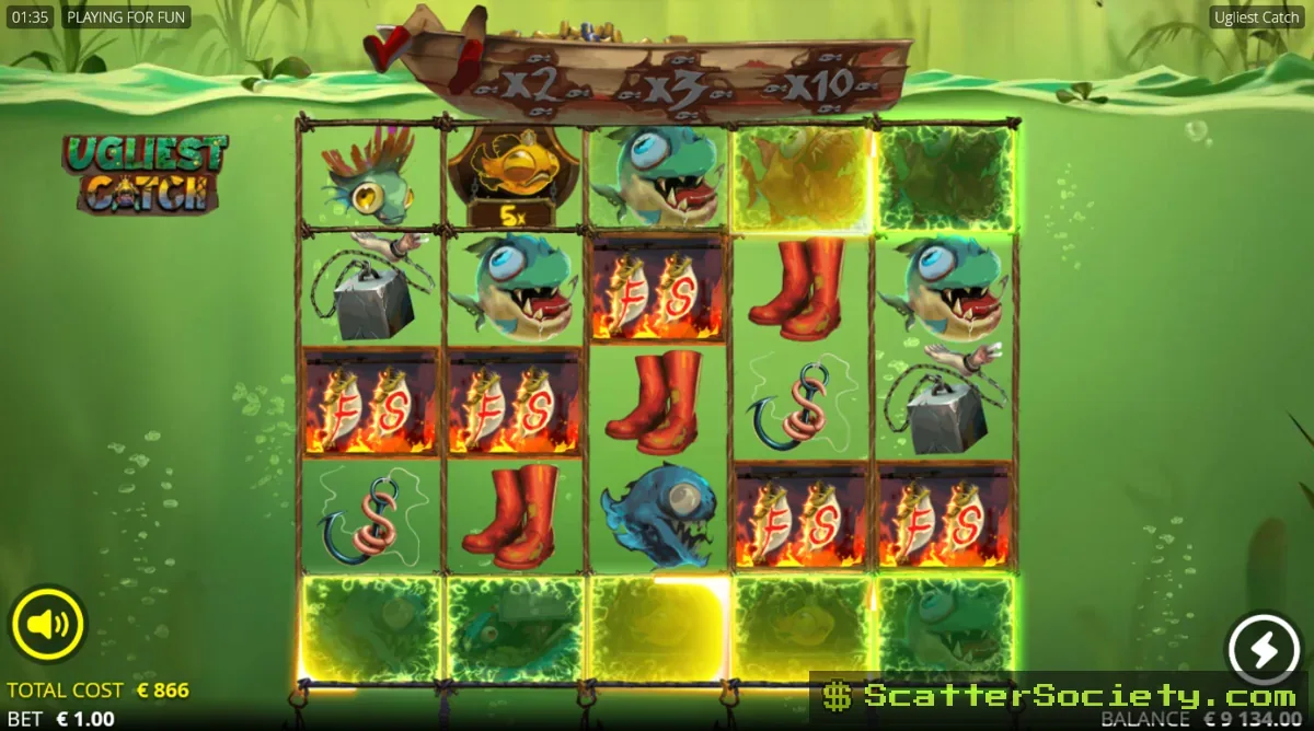 Ugliest Catch base game grid showing a locked Enhancer Cell above the reels unlocking after a scatter lands