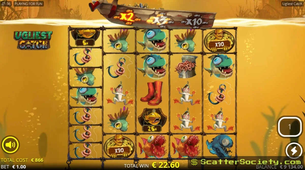 Ugliest Catch Honey Hole Spins bonus screen showing all ten Enhancer Cells unlocked with sticky multipliers building