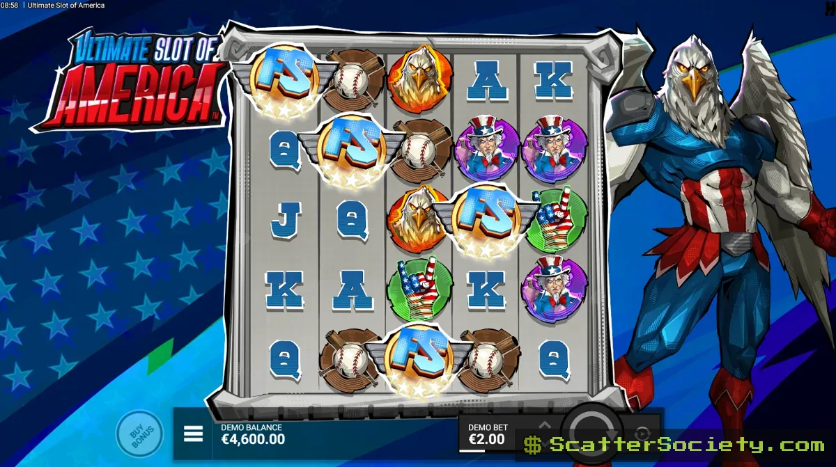 Ultimate Slot of America base game grid showing a Liberty Gem wild symbol among comic book superhero themed icons