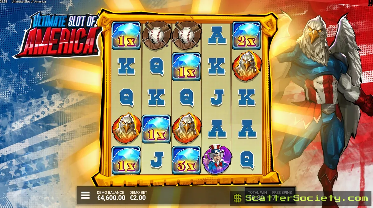 Ultimate Slot of America Pursuit of Riches bonus screen showing guaranteed gem drops building toward a large Epic Cluster