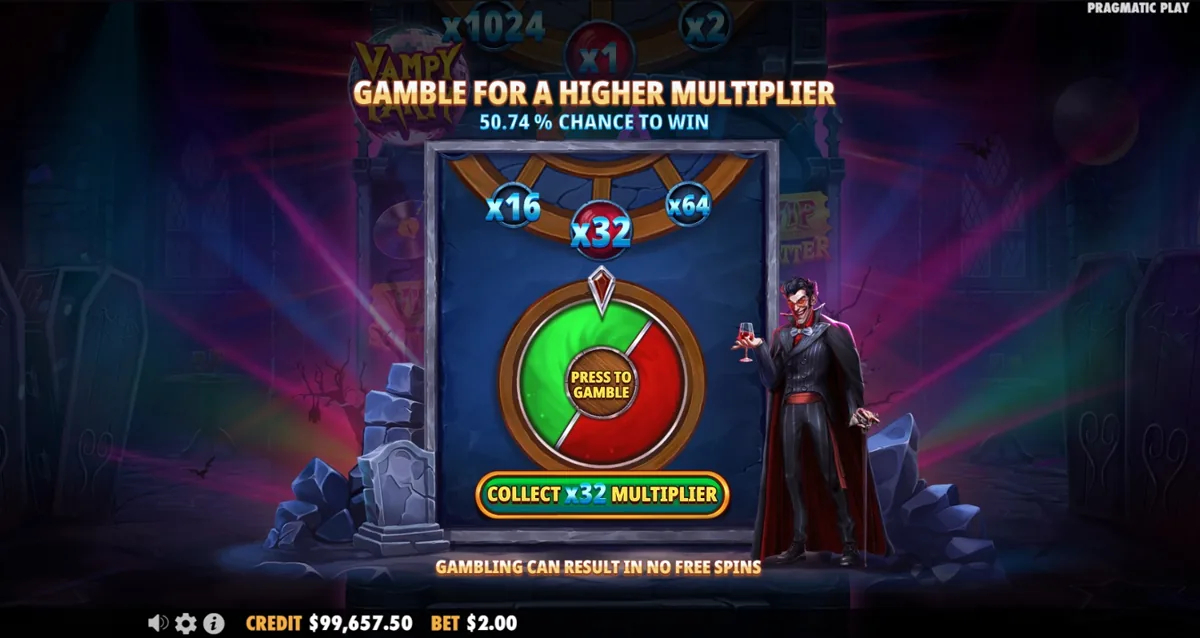 Vampy Party free spins round showing per-reel free spin counters and a lightning multiplier effect
