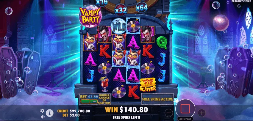 Vampy Party gamble wheel offering a chance to multiply the current prize with a stated win percentage