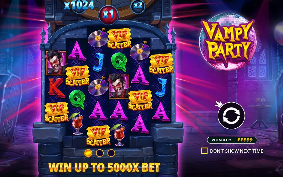 Vampy Party base game reels with vampire and playing card symbols mid-tumble