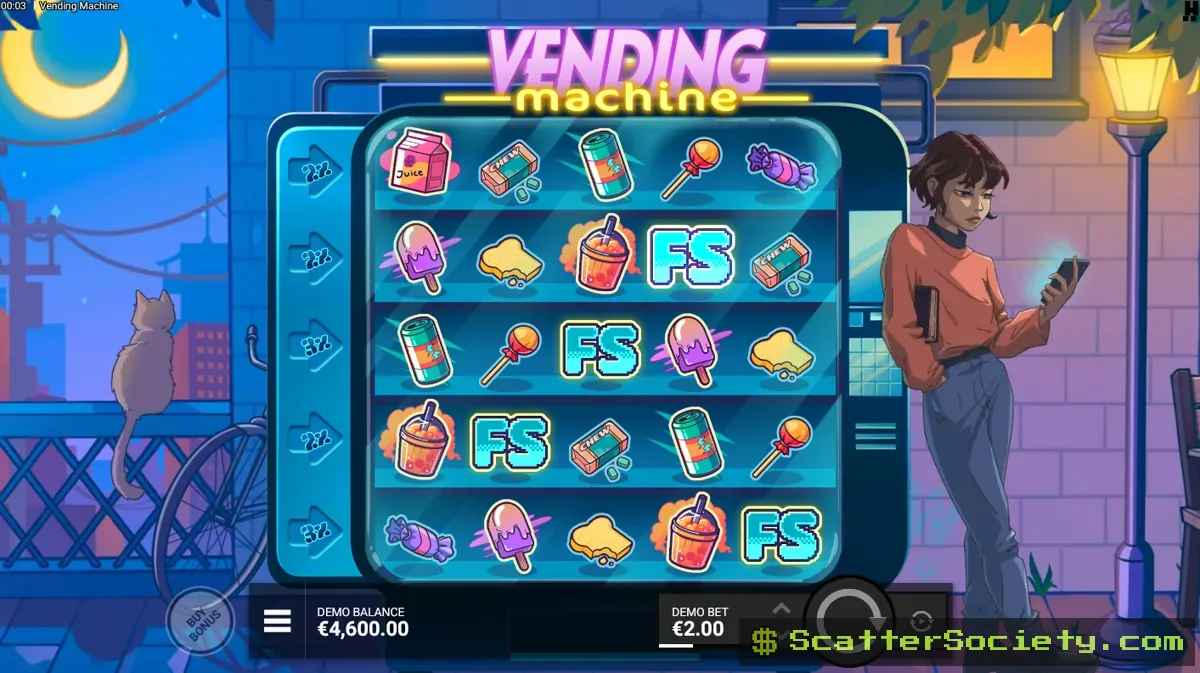 Vending Machine base game grid showing a Lightning Bolt symbol activating a Multiplier Light row above the reels