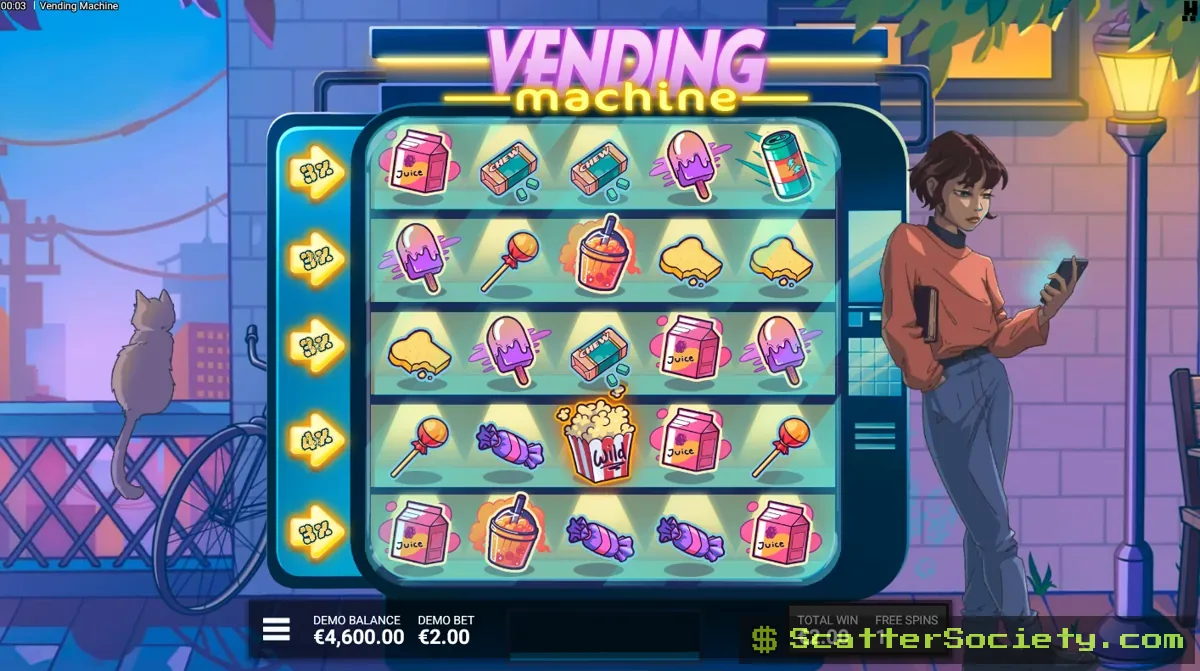 Vending Machine Spin and Chill bonus screen showing all five Multiplier Light rows active simultaneously from the start