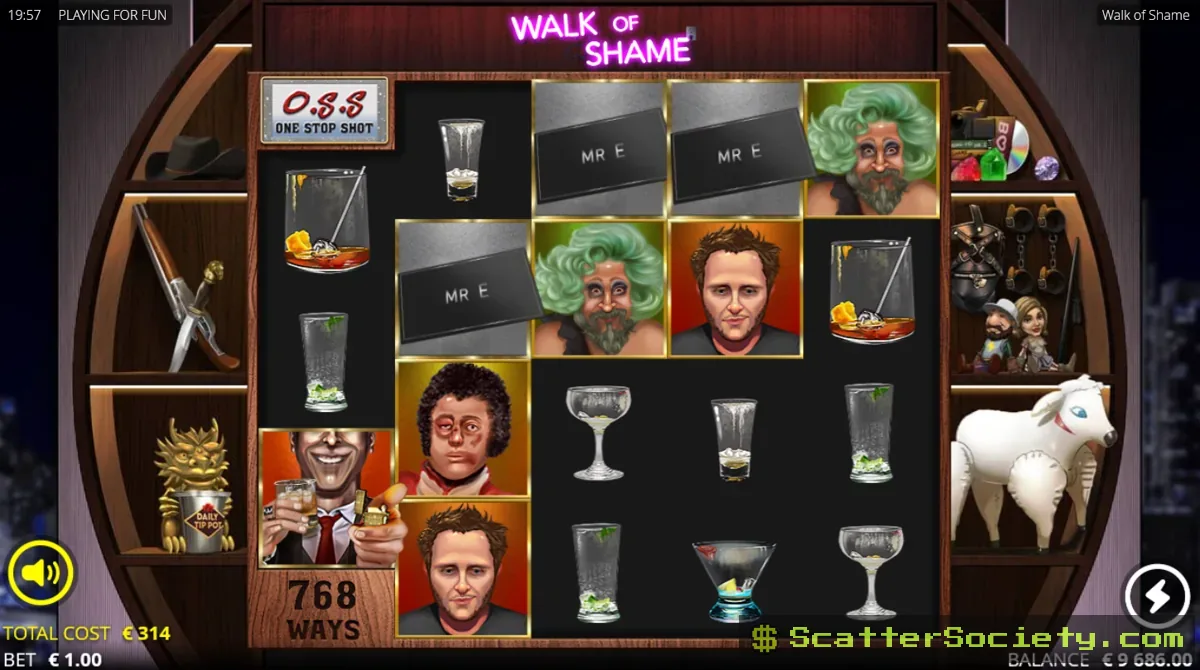 Walk of Shame base game grid showing four stacked character symbols merging into a Loaded Wild with a 4x multiplier
