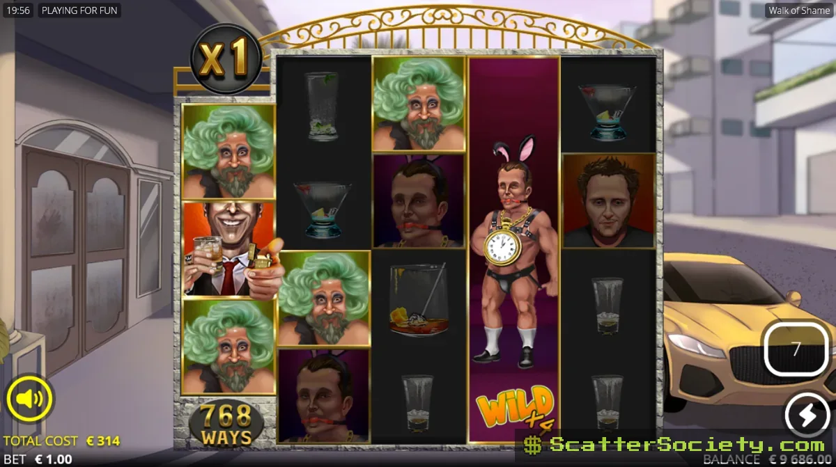 Walk of Shame All Nighter bonus screen showing Mr E permanently active on reel 1 as a persistent xSplit symbol