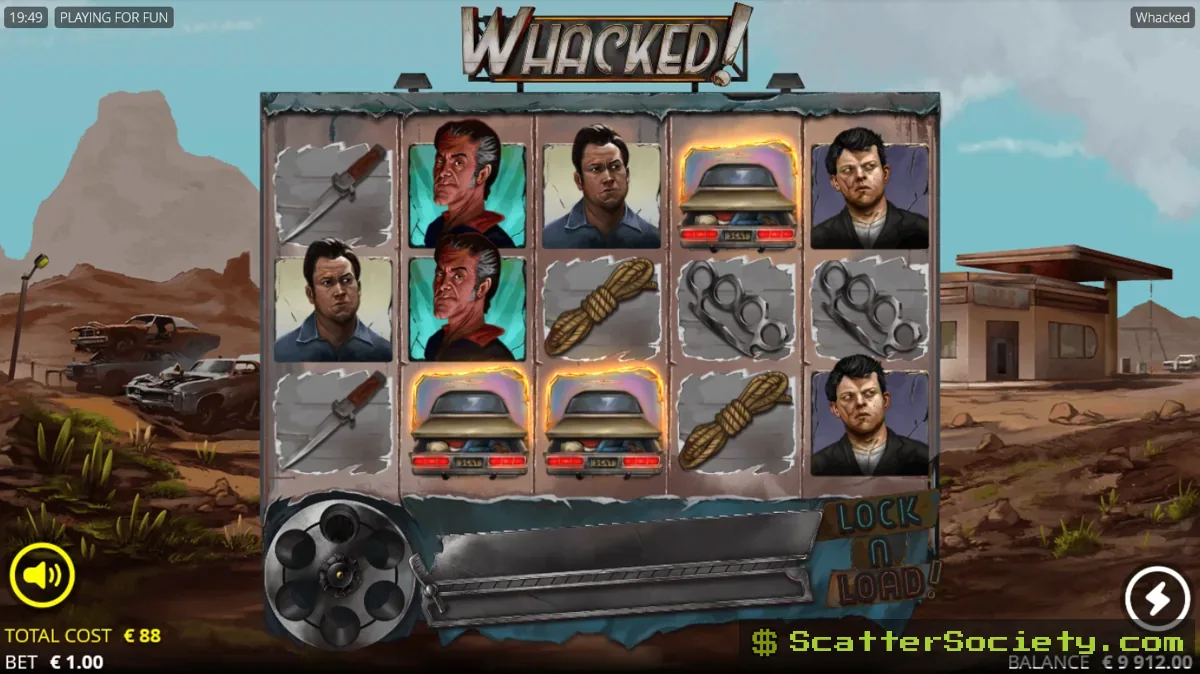 Whacked base game grid showing bullets loading into a revolver cylinder after consecutive avalanche wins