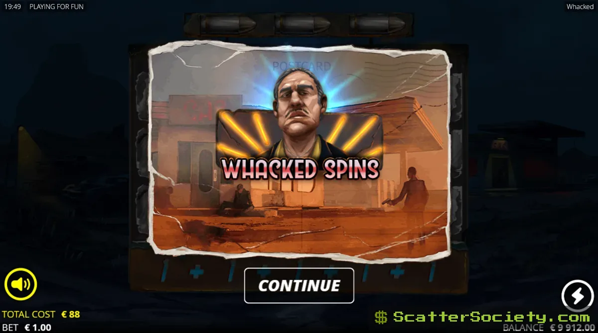 Whacked grid showing a fully loaded revolver cylinder firing at high-paying character symbols on the reels