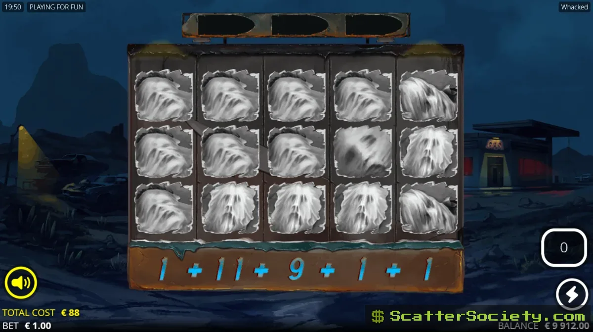 Whacked Spins bonus screen showing the Russian Roulette modifier multiplying multiple collected coin values together