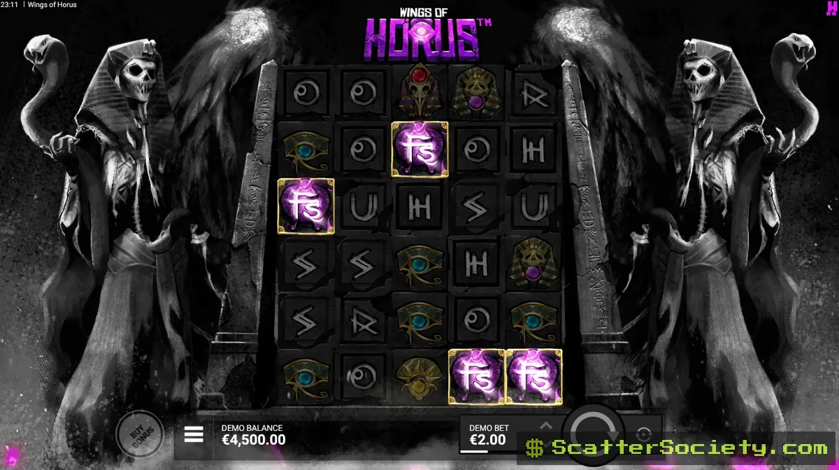 Wings of Horus base game grid showing the Orb of the Moon symbol transforming a low value symbol into a higher paying one