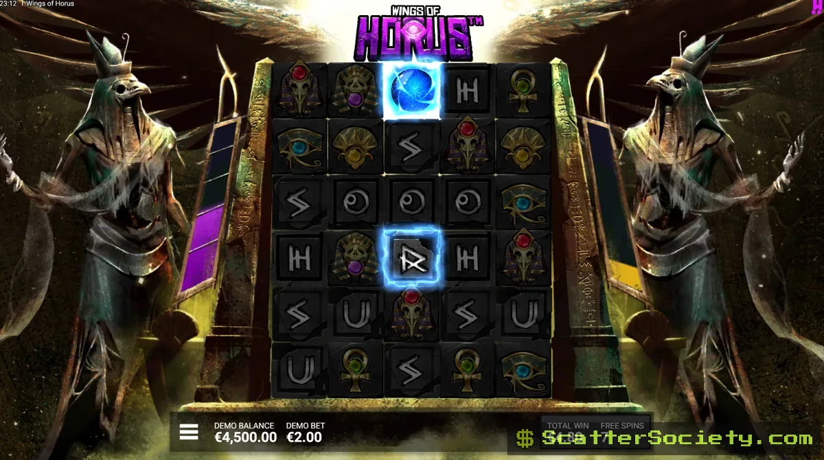 Wings of Horus Rise of the Falcon bonus screen showing the purple progression bar starting from level 2 with multiple transformed symbols