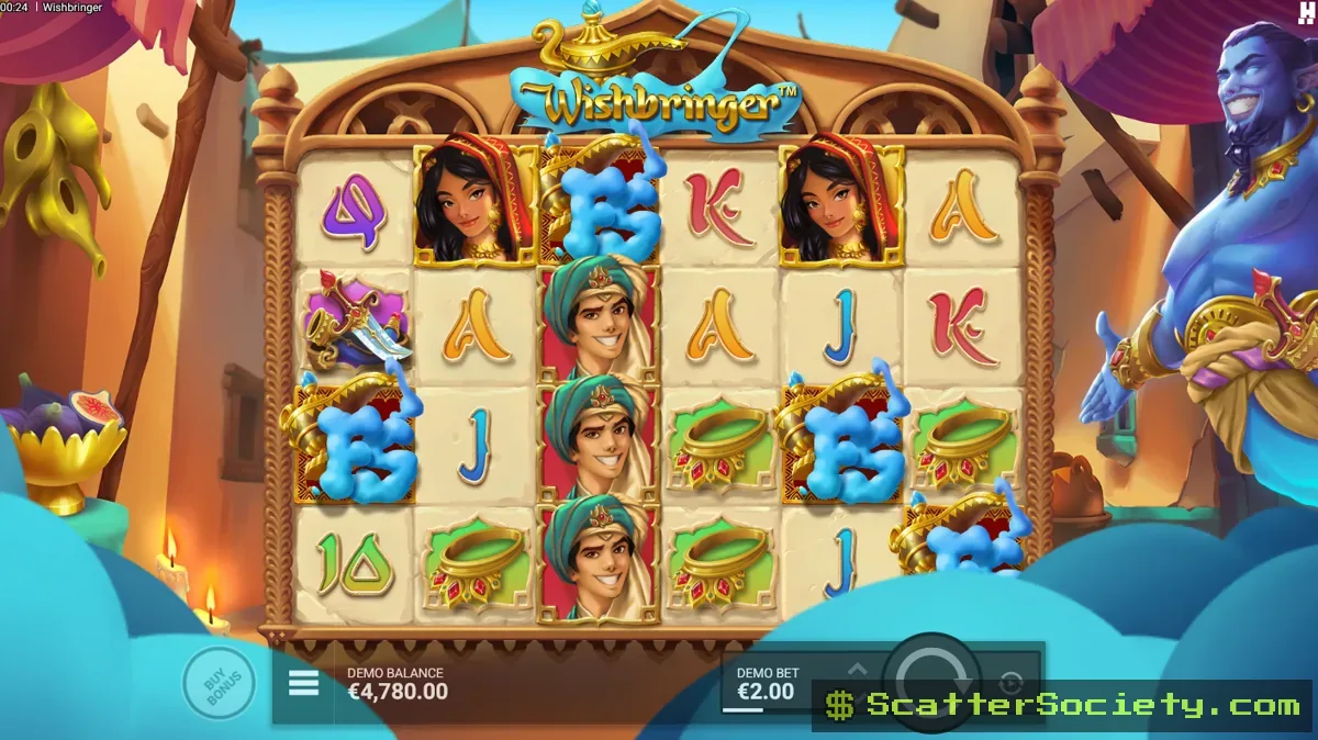 Wishbringer base game grid showing a Genie symbol landing on reel 3 among Arabian themed card rank and jewellery symbols