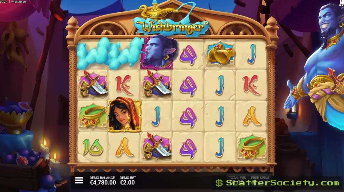 Wishbringer Arabian Nights Bonus screen showing multiple Genie symbols and Wild Clouds spreading across an extended free spins round