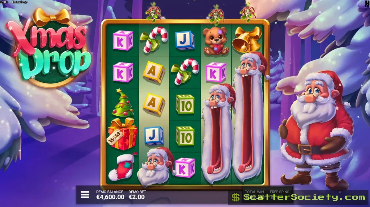 Xmas Drop Two Wild Santas bonus screen showing multiple activated reels guaranteeing Santa Wild symbols with large multipliers