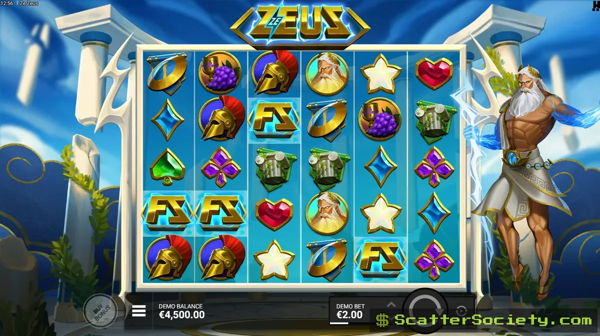 Ze Zeus base game grid showing multiple Divine Squares illuminated among Greek mythology themed symbols