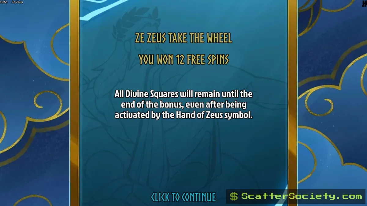 Ze Zeus grid showing multiple Divine Squares revealing Coin symbols and Zap of Zeus multipliers simultaneously