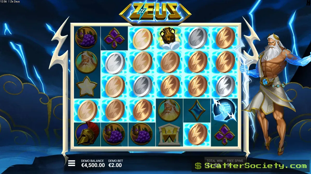 Ze Zeus Take The Wheel bonus screen showing multiple Divine Squares compounding value across an extended cluster sequence